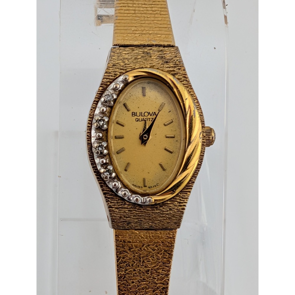 Vintage 1985 Bulova Watch Women Diamond‎ Bezel Gold Electroplated- For Repair